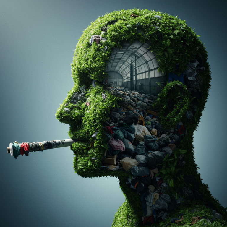 Represents Greenwashing - a human head depicting green lushes and textile waste