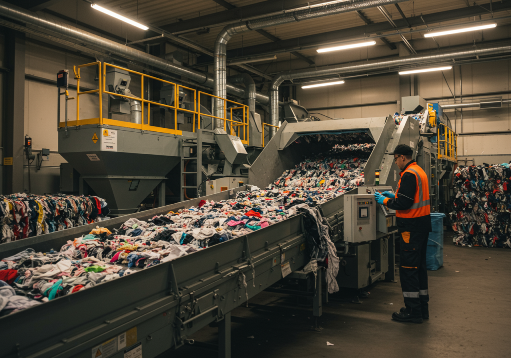 A worker sorting clothes for textile recycling