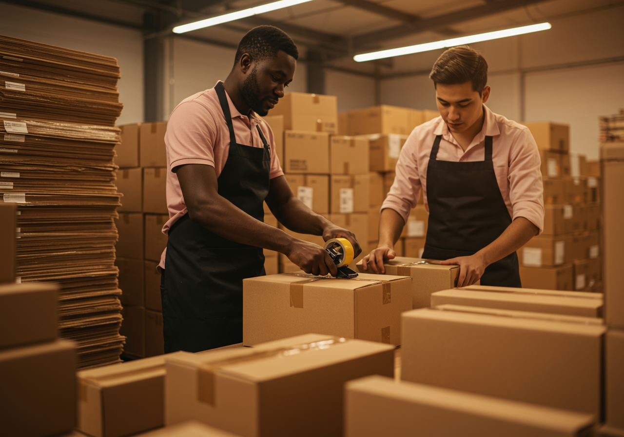 Two workers packing the boxes for shipping